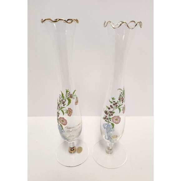 Fenton Glass Bud Vases – 10" Clear Floral Gold Trim – Vintage Pair - Picture 3 of 10